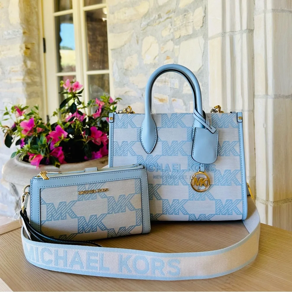 Michael Kors Mirella Graphic MK sky blue satchel Handbag&wallet NWT Authentic - Picture 1 of 14